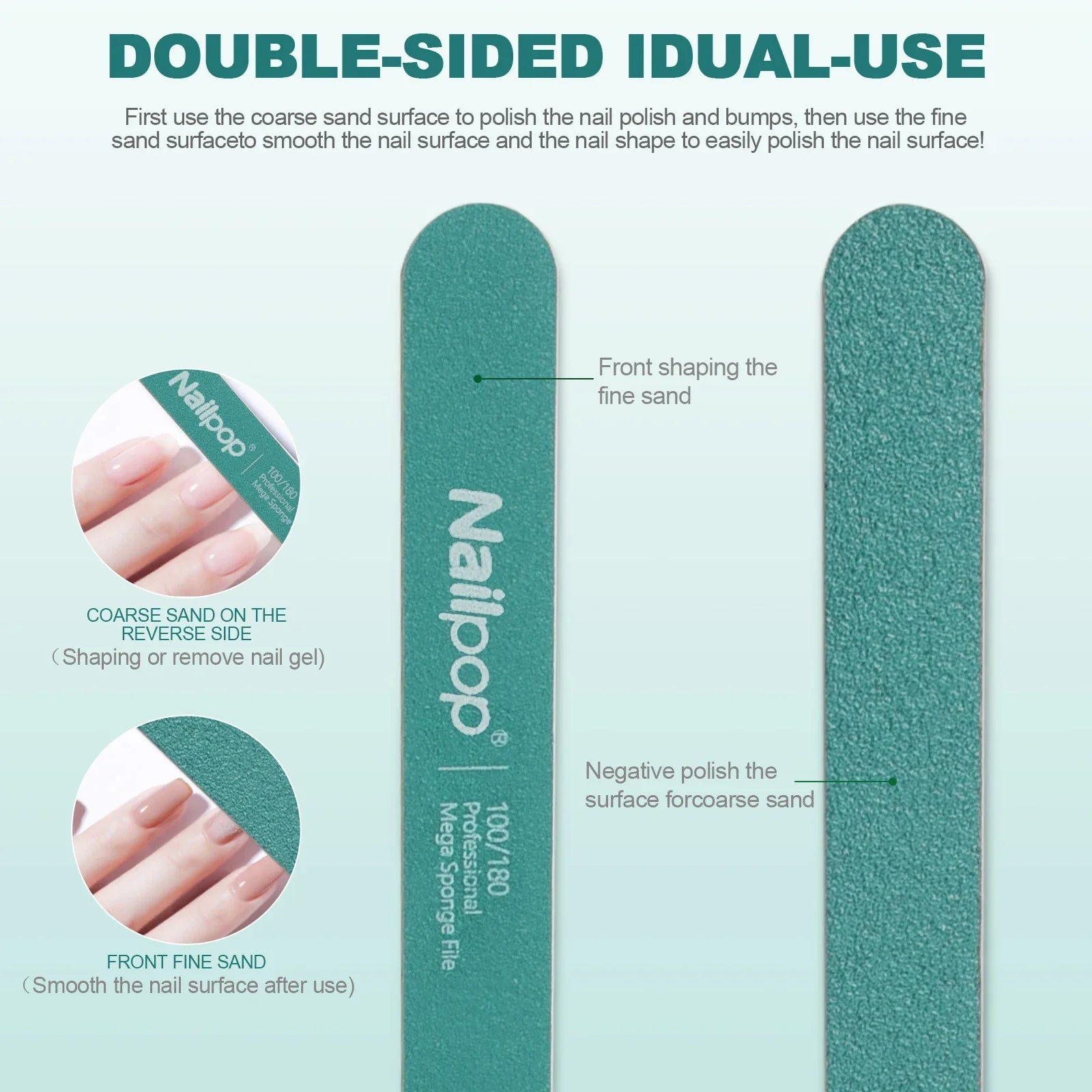 Nailpop Professional Nail Buffers 10Pcs Double-Sided 100/180 Grit Green Perfect for Nail Shaping and Preparation in Salon Home