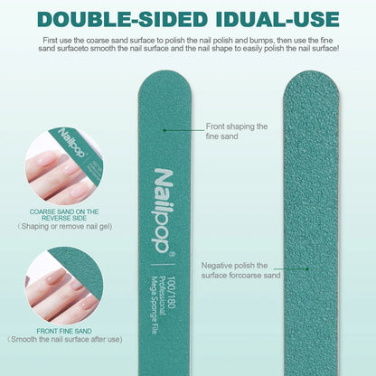 Nailpop Professional Nail Buffers 10Pcs Double-Sided 100/180 Grit Green Perfect for Nail Shaping and Preparation in Salon Home